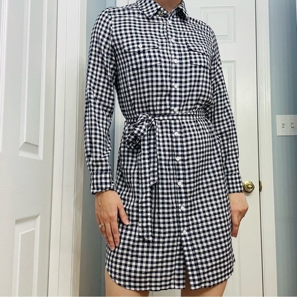 Draper James Shirt Dress Mini Gingham Blue White Tie Button Up Casual 4 Small - Picture 1 of 7